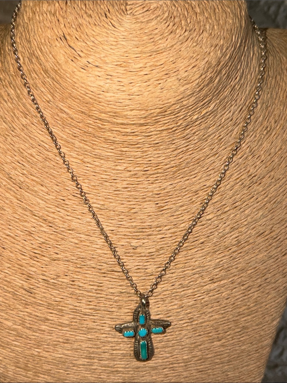 Turquoise Cross Pendant Necklace Sterling Silver chain signed